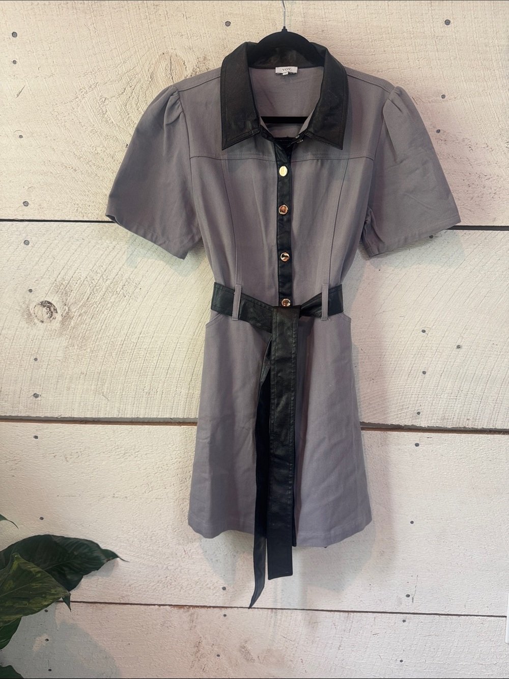 Tailored Gray Mini Dress with Black Trim and Belt